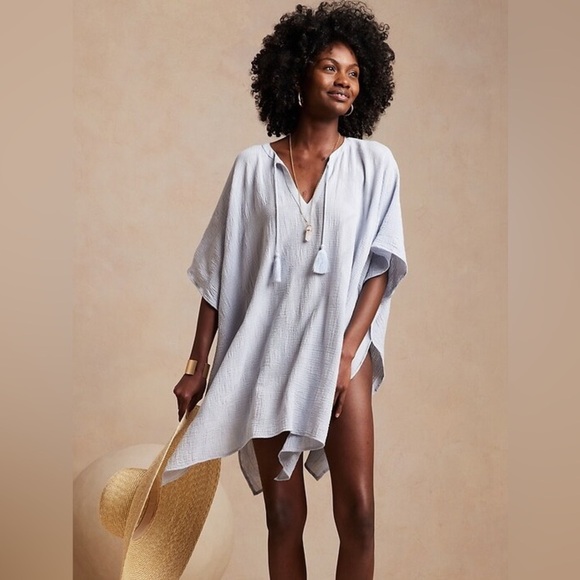 Banana Republic Cotton Boho Coastal Swim Cover Poncho Kaftan Coverup Blue Sz S/M - Picture 1 of 11